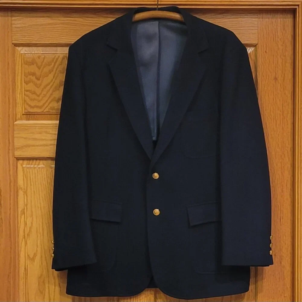 Vintage Trend Shop Stewart Men's Navy Blue Wool Blazer with Gold Buttons Sz 44R